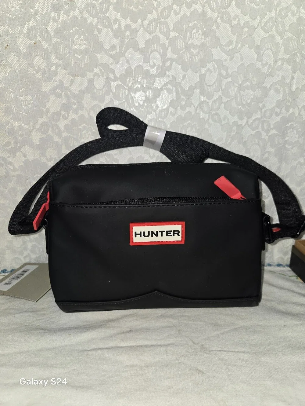 Hunter Black Crossbody Messenger Bag with Red-Trim Logo New With Tags
